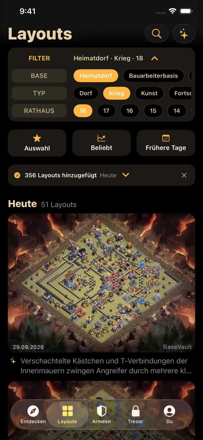 Der tägliche Feed von BaseVault mit Kriegsbasen für Rathaus 18