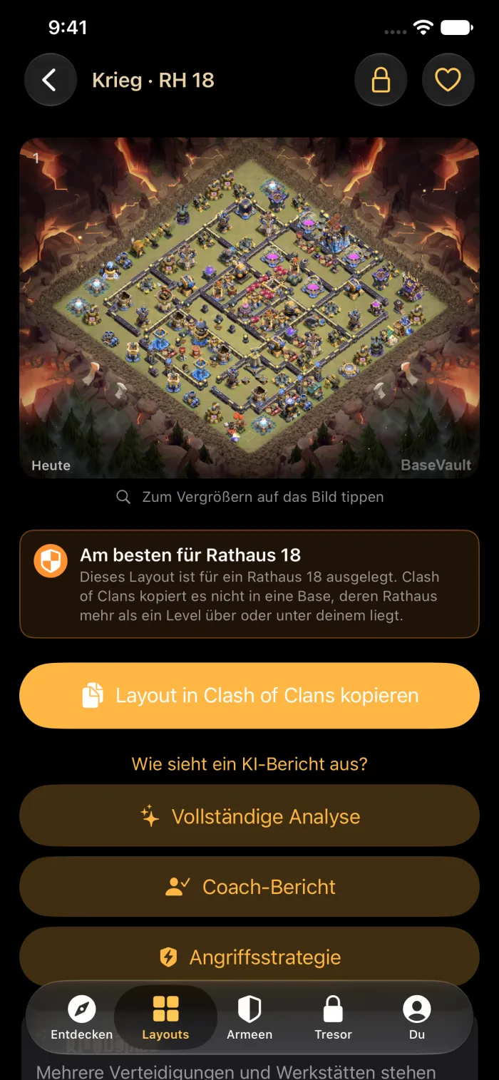 Die Detailansicht einer Base mit der Taste „Layout in Clash of Clans kopieren“