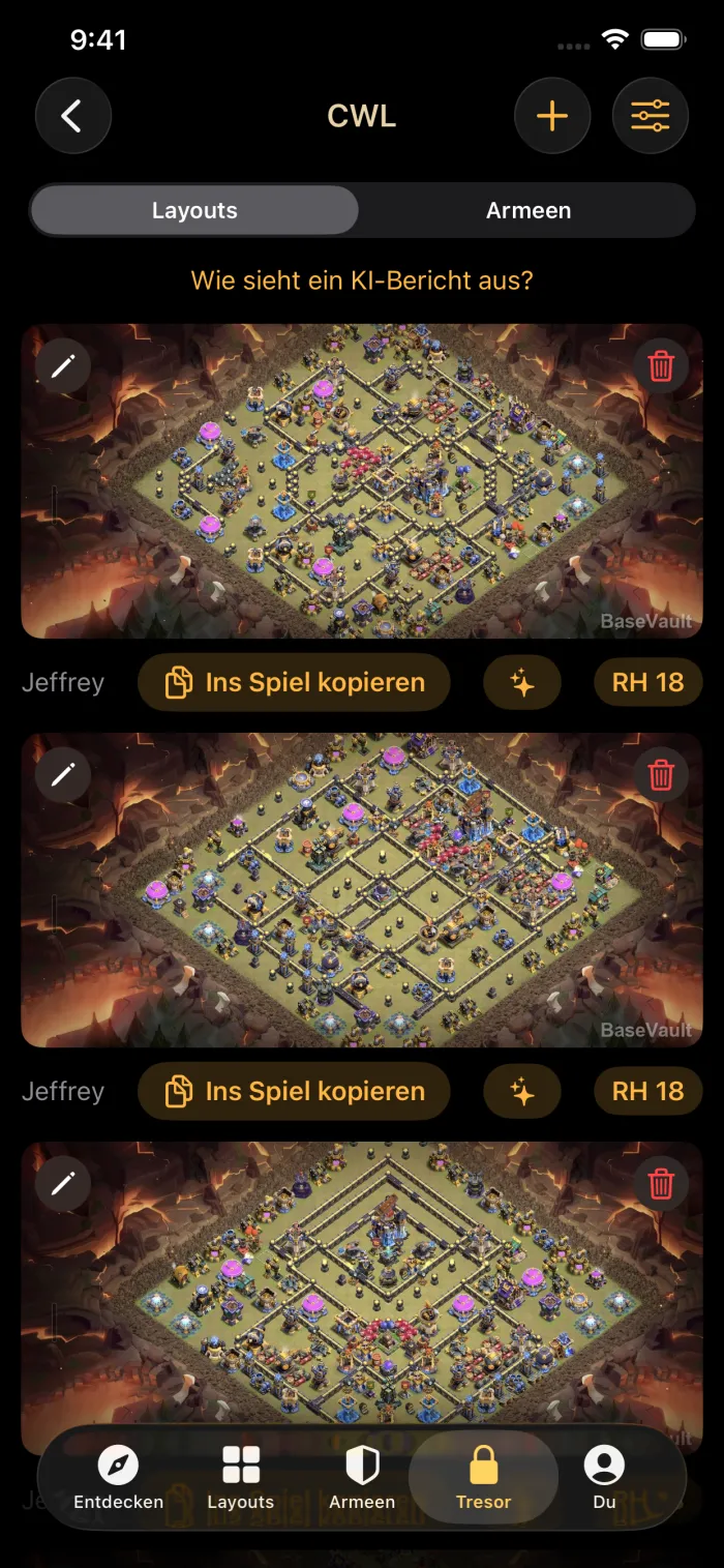 Ein Clan-Tresor mit gespeicherten Kriegsbasen, jede mit der Taste „Ins Spiel kopieren“