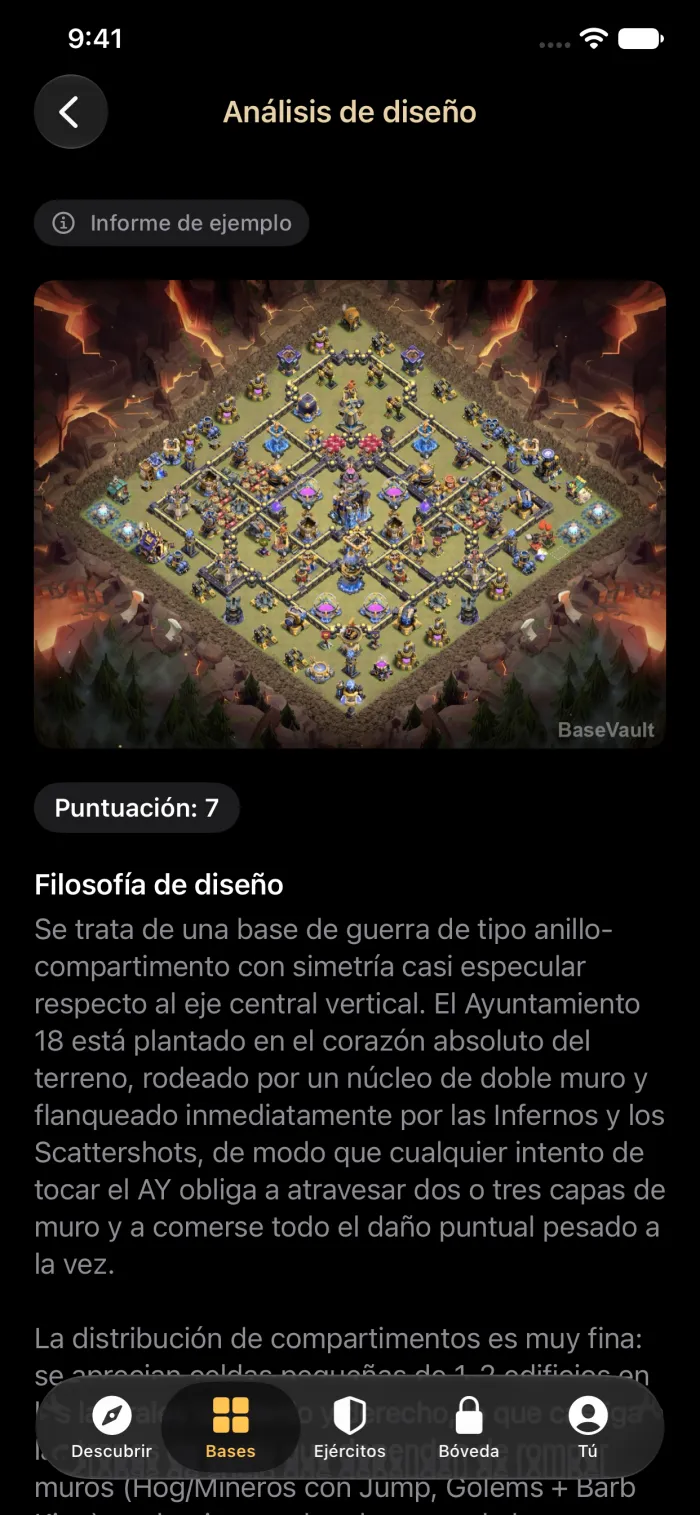 Un informe de Análisis de diseño con IA que puntúa una base de guerra de Ayuntamiento 18 y explica su diseño