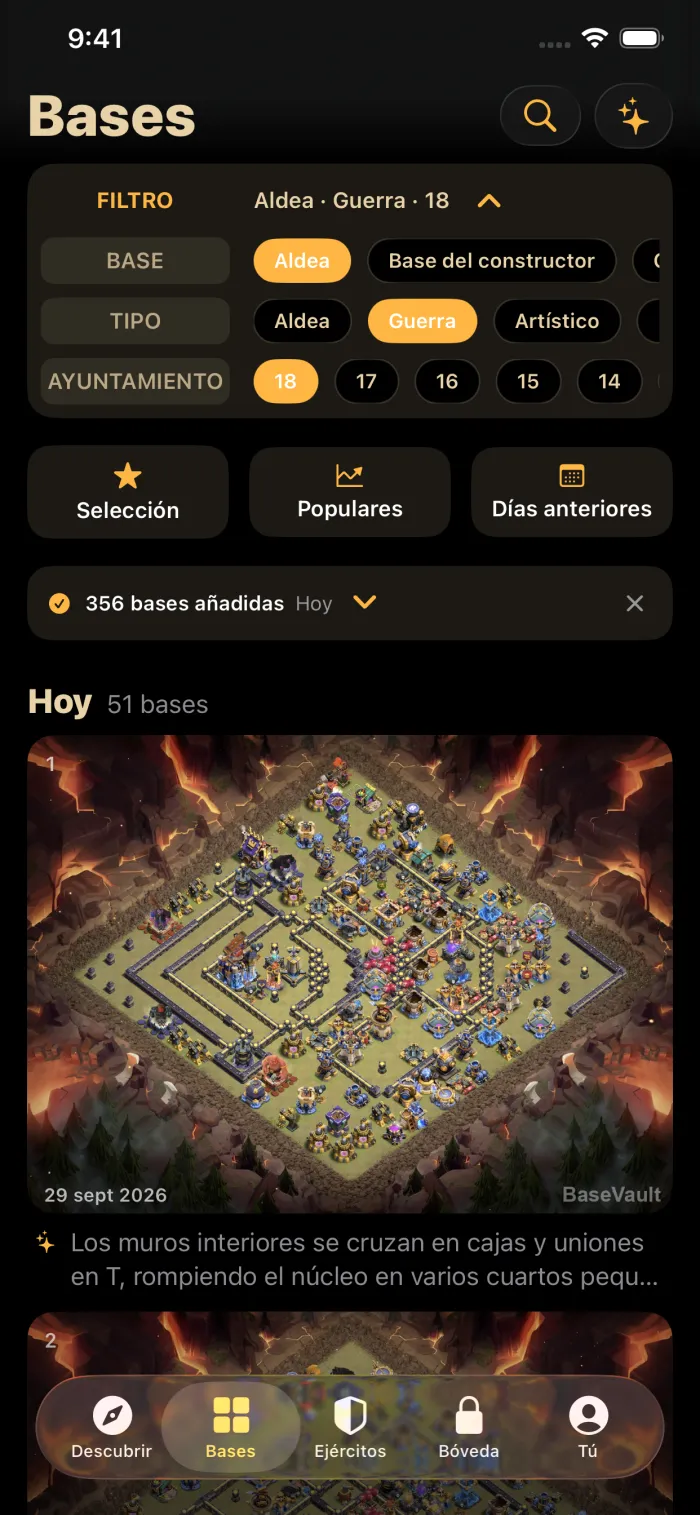 El feed diario de BaseVault con bases de guerra de Ayuntamiento 18