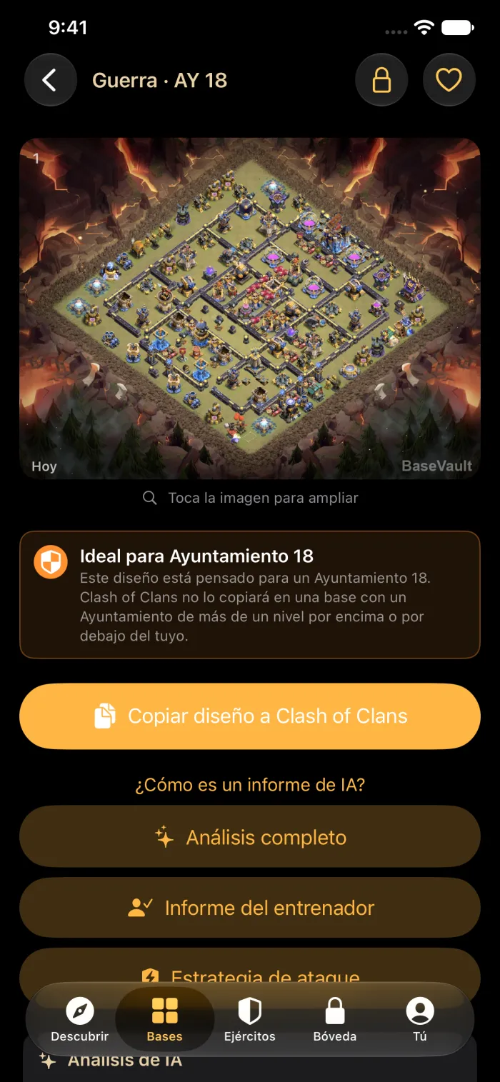 El detalle de una base con el botón Copiar diseño a Clash of Clans