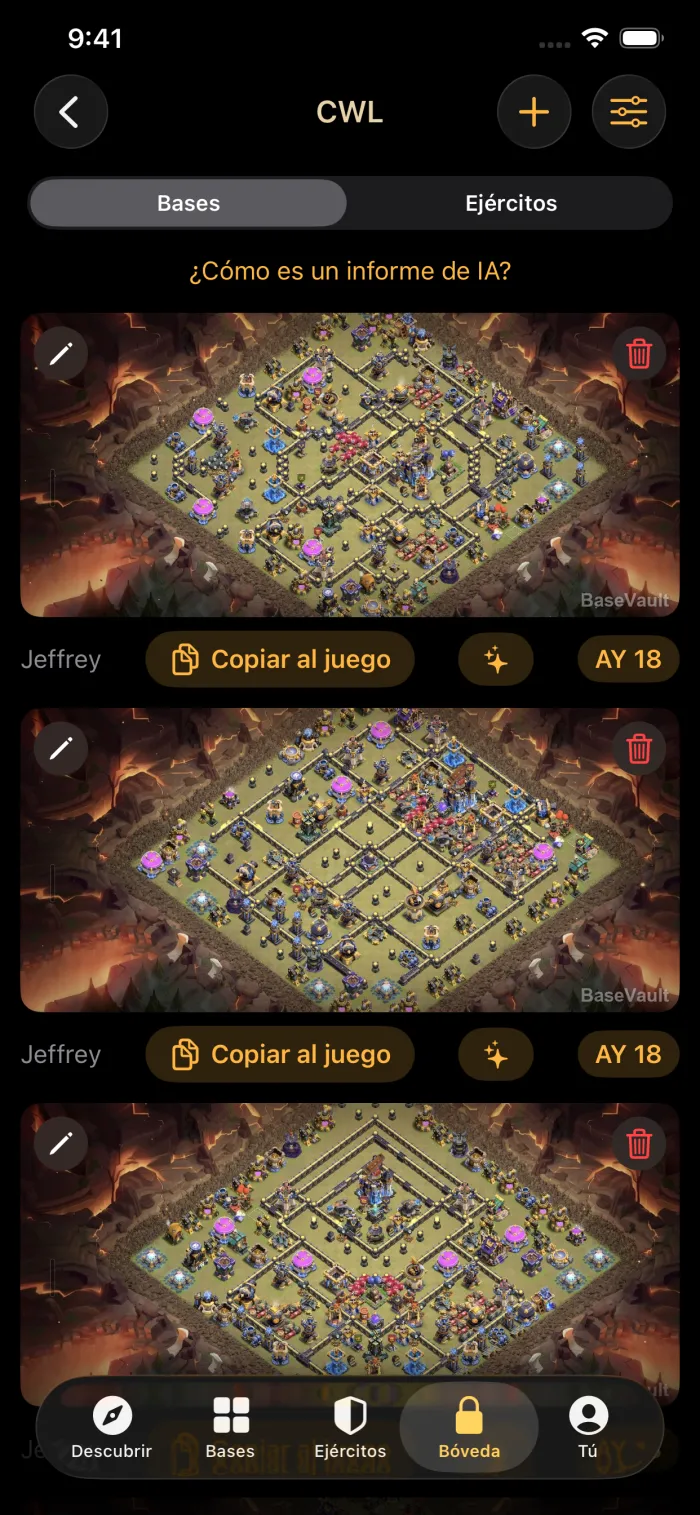 Una Bóveda de clan con bases de guerra guardadas, cada una con un botón Copiar al juego