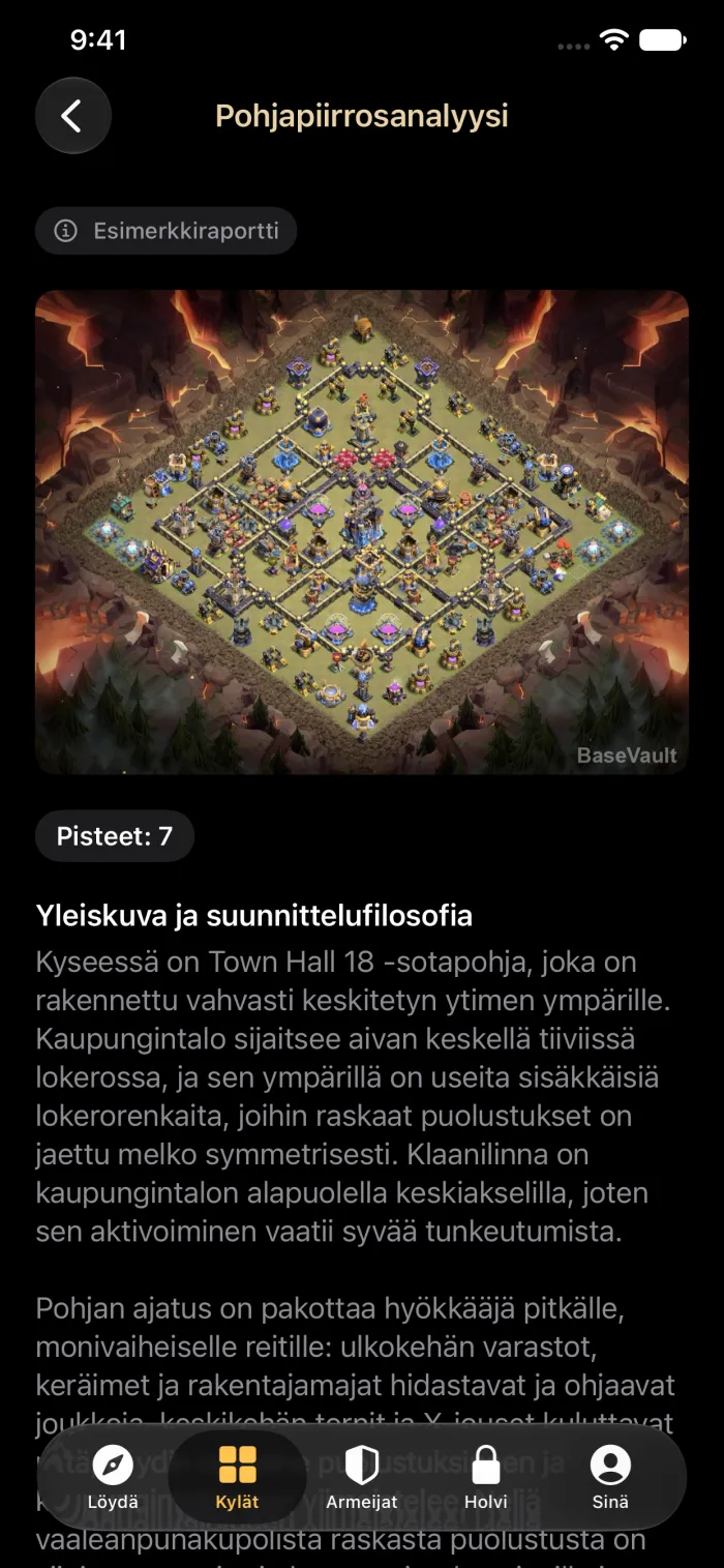Tekoälyn Pohjapiirrosanalyysi-raportti, joka pisteyttää päärakennuksen 18 sotakylän ja selittää sen rakenteen