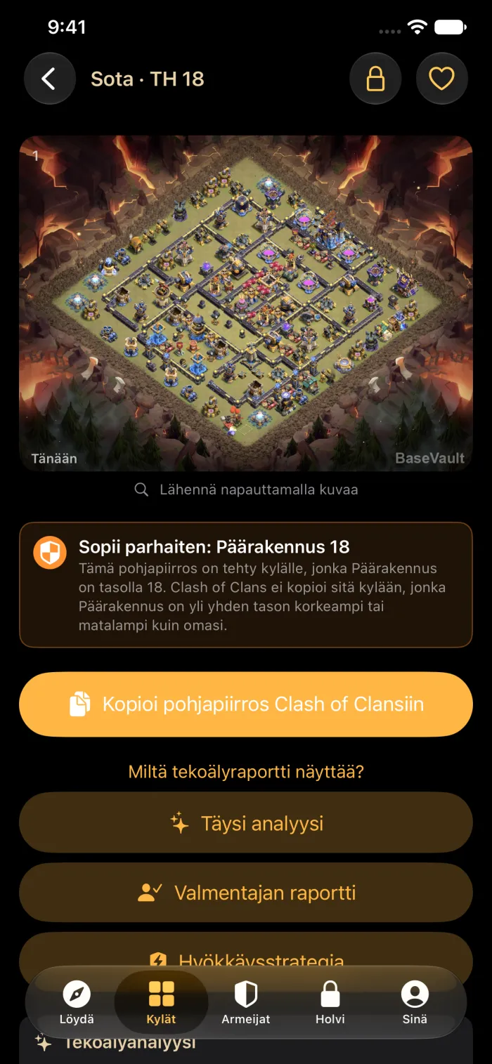 Kylän tiedot ja Kopioi pohjapiirros Clash of Clansiin -painike