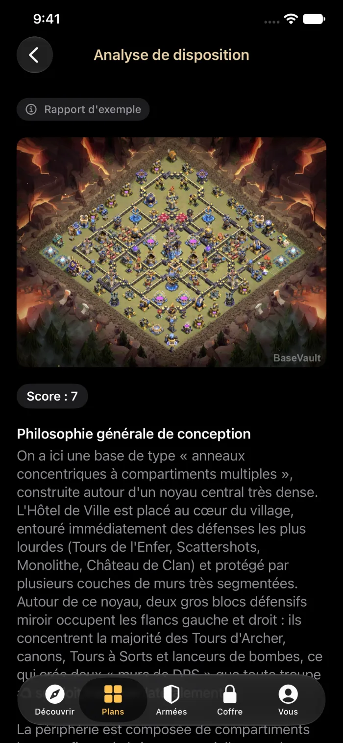 Un rapport d'Analyse de disposition par IA qui note une base de guerre d'hôtel de ville 18 et explique sa conception