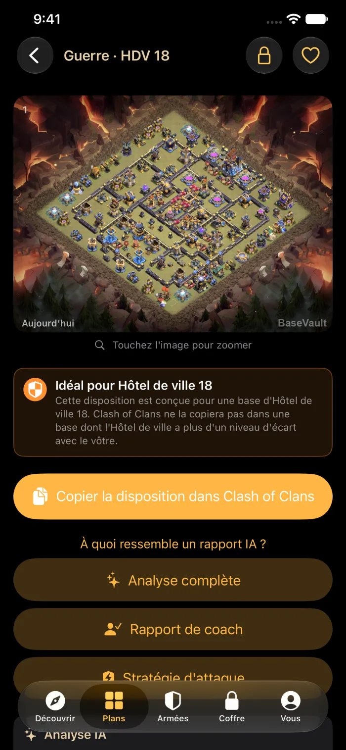 Le détail d'une base avec le bouton Copier la disposition dans Clash of Clans