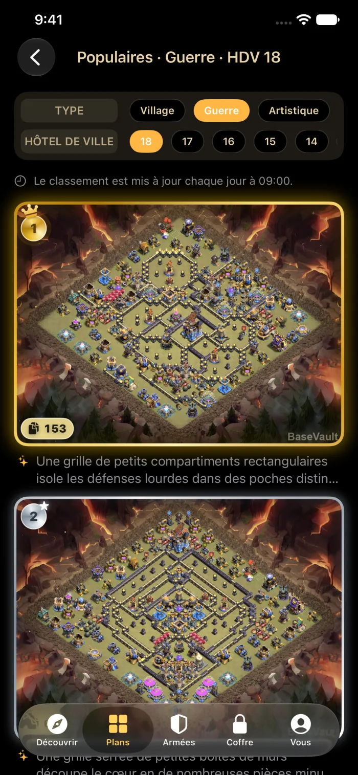 Populaires : les bases de guerre d'hôtel de ville 18 les plus copiées, classées avec des badges de podium et le nombre de copies