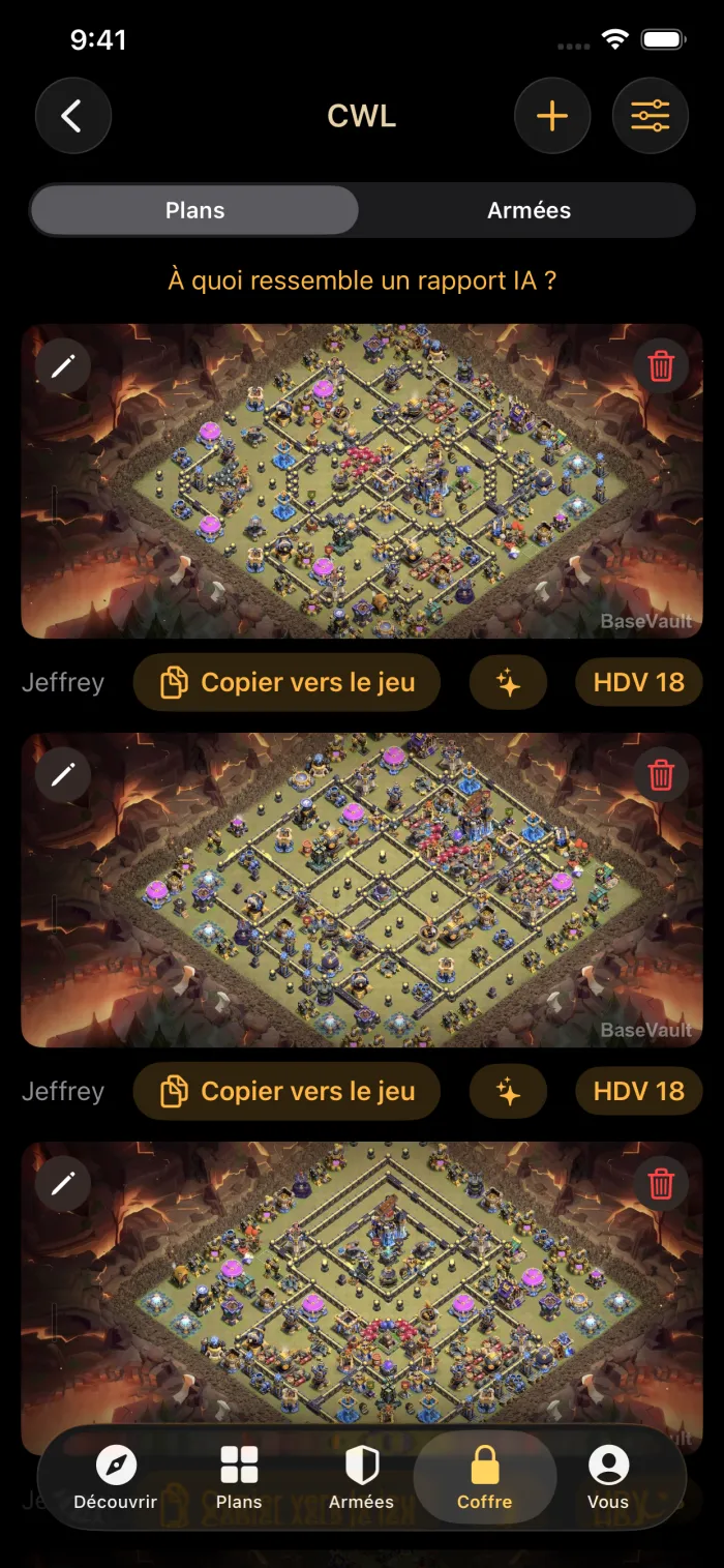 Un Coffre de clan contenant des bases de guerre enregistrées, chacune avec un bouton Copier vers le jeu