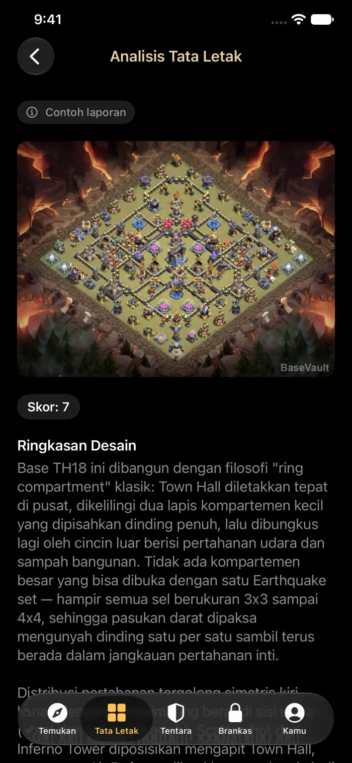 Laporan Analisis Tata Letak AI yang menilai base perang Balai Kota 18 dan menjelaskan desainnya