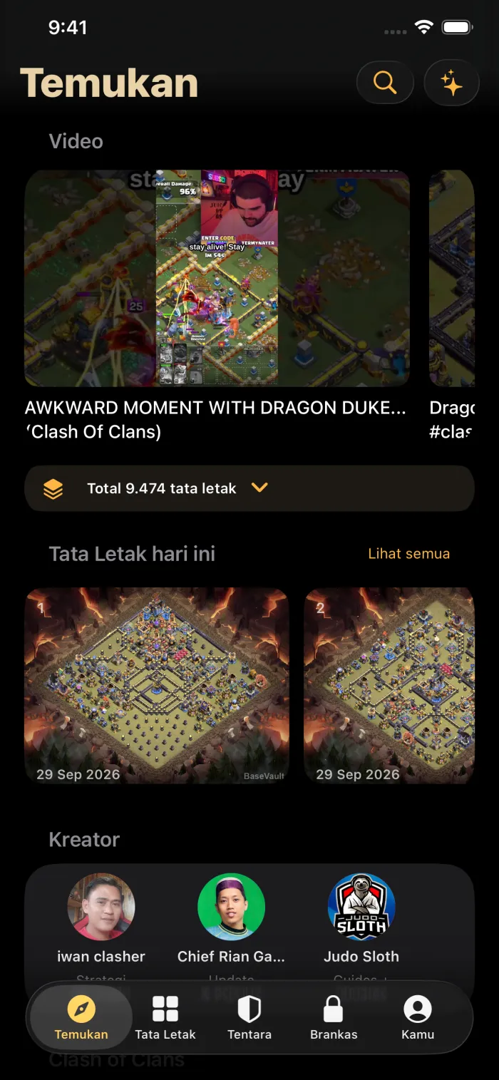 Tab Temukan: video strategi dan base baru Balai Kota 18 hari ini