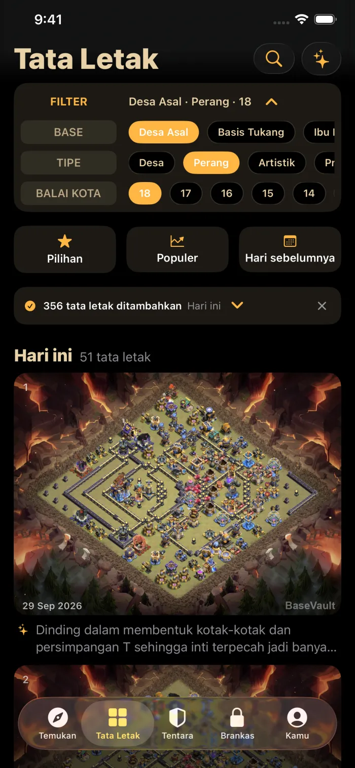Feed harian BaseVault berisi base perang Balai Kota 18