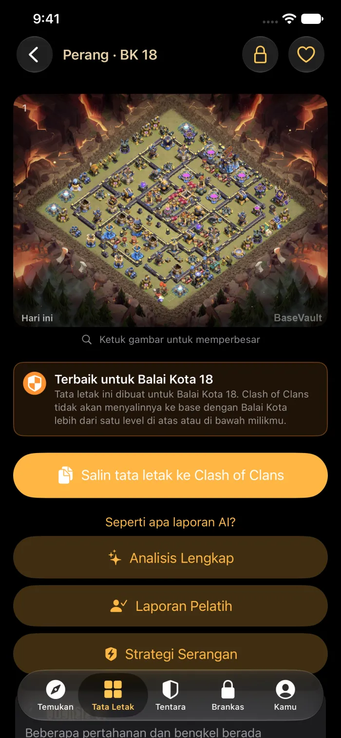 Detail base dengan tombol Salin tata letak ke Clash of Clans