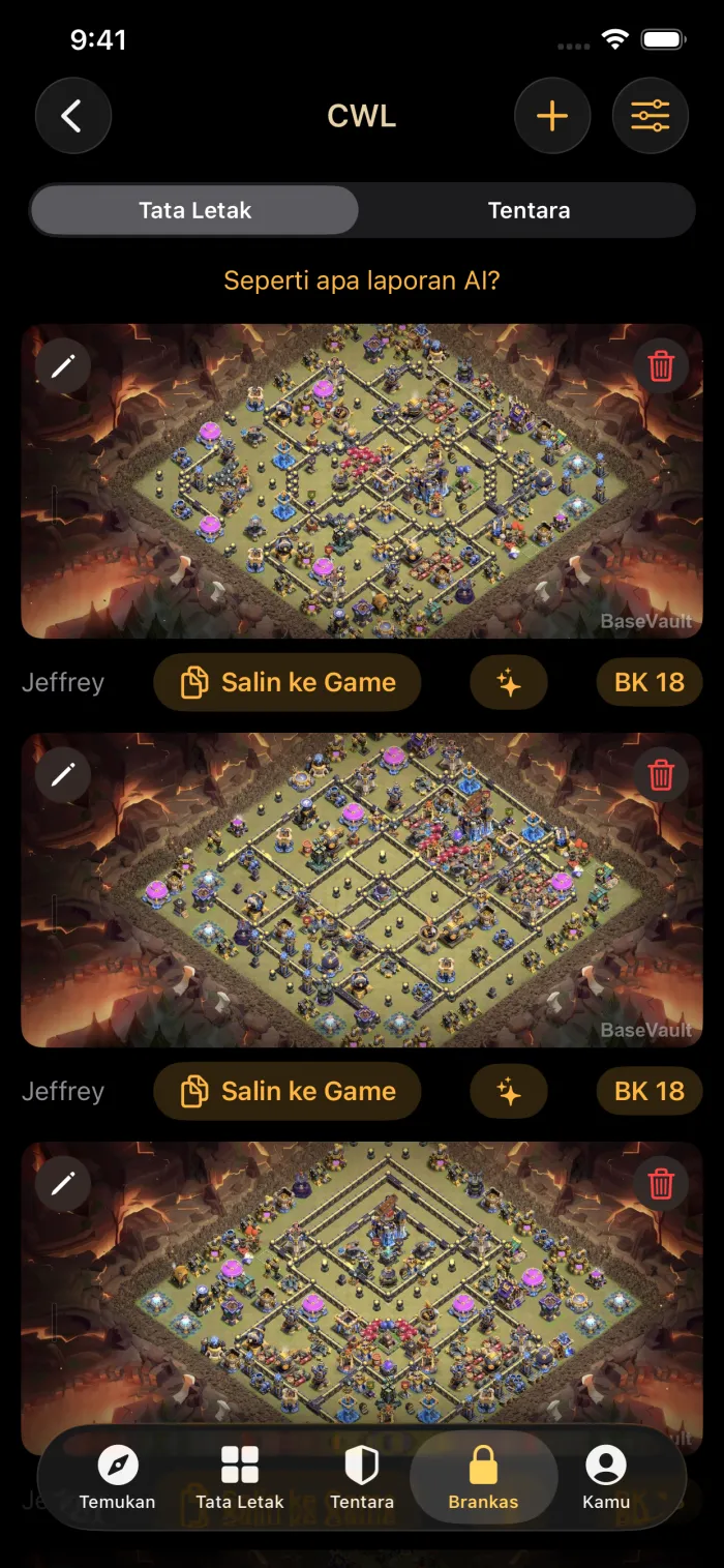 Brankas klan berisi base perang tersimpan, masing-masing dengan tombol Salin ke Game