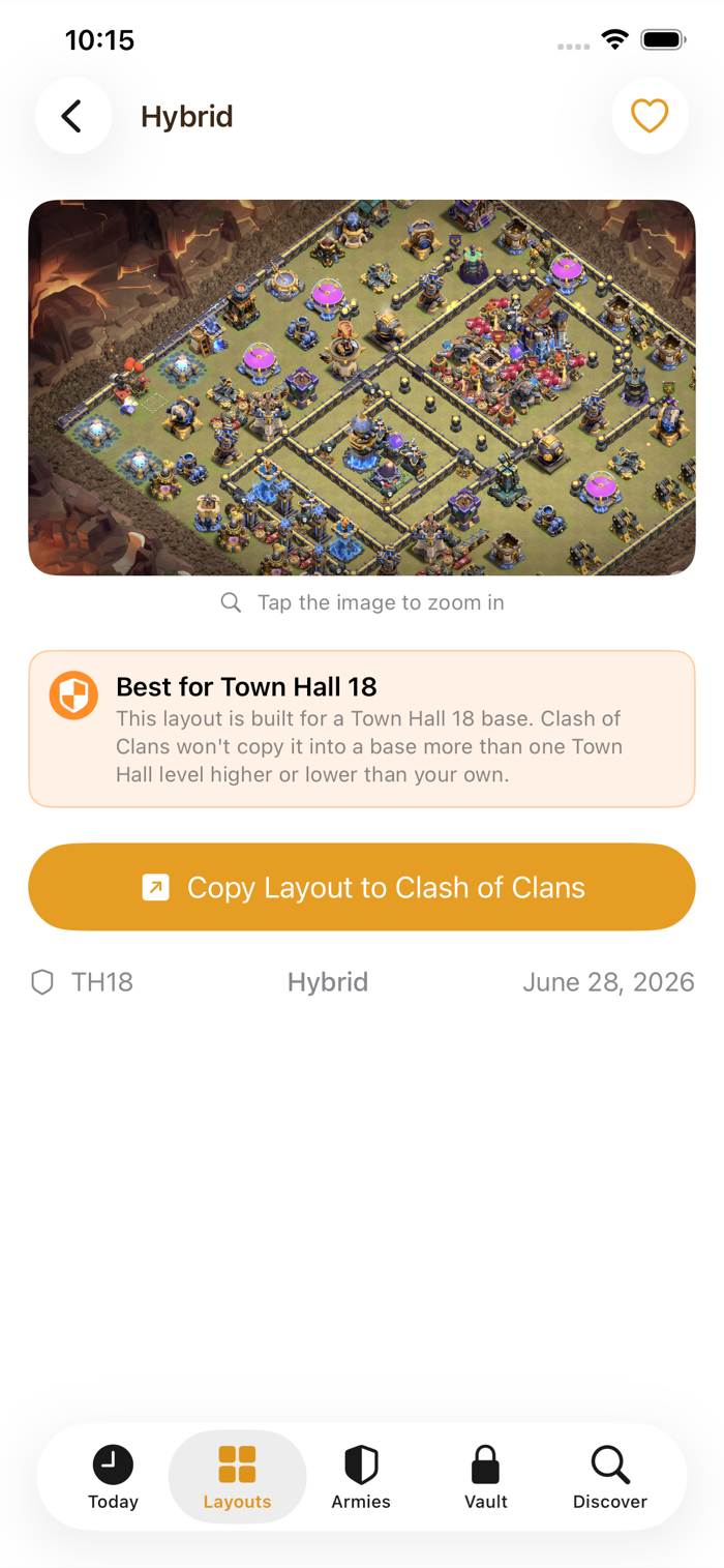 A base detail with the Copy Layout to Clash of Clans button