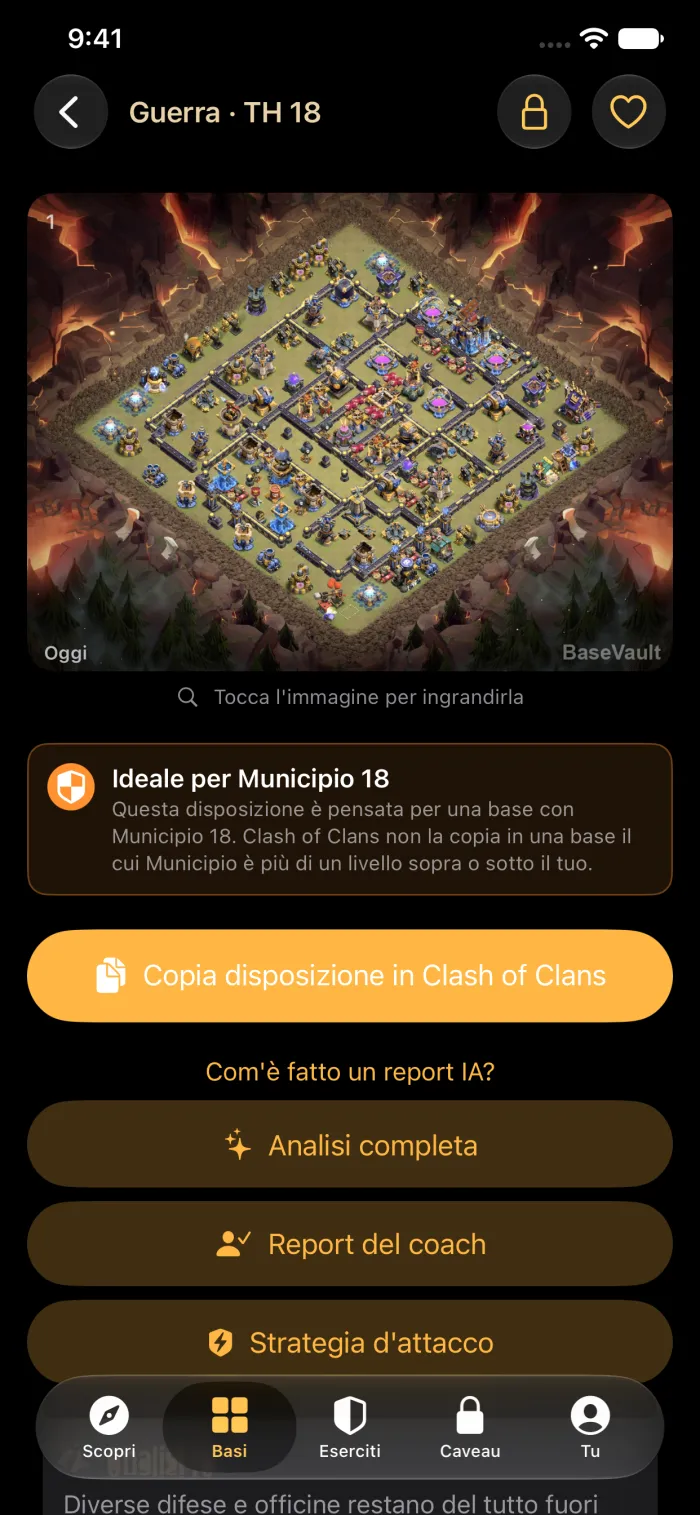 Il dettaglio di una base con il pulsante Copia disposizione in Clash of Clans