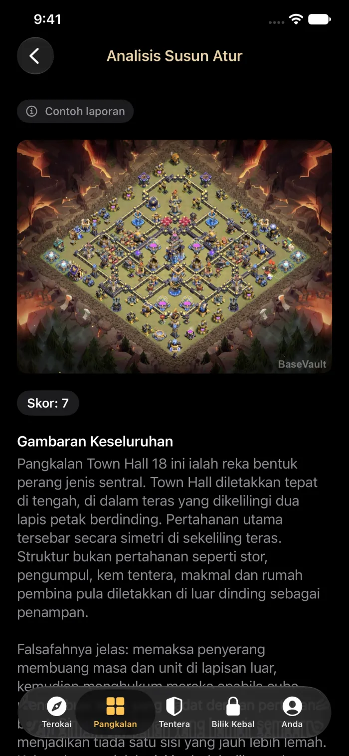 Laporan Analisis Susun Atur AI yang memberi markah kepada pangkalan perang Dewan Bandaran 18 dan menerangkan reka bentuknya