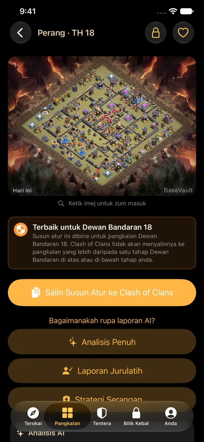 Butiran pangkalan dengan butang Salin Susun Atur ke Clash of Clans