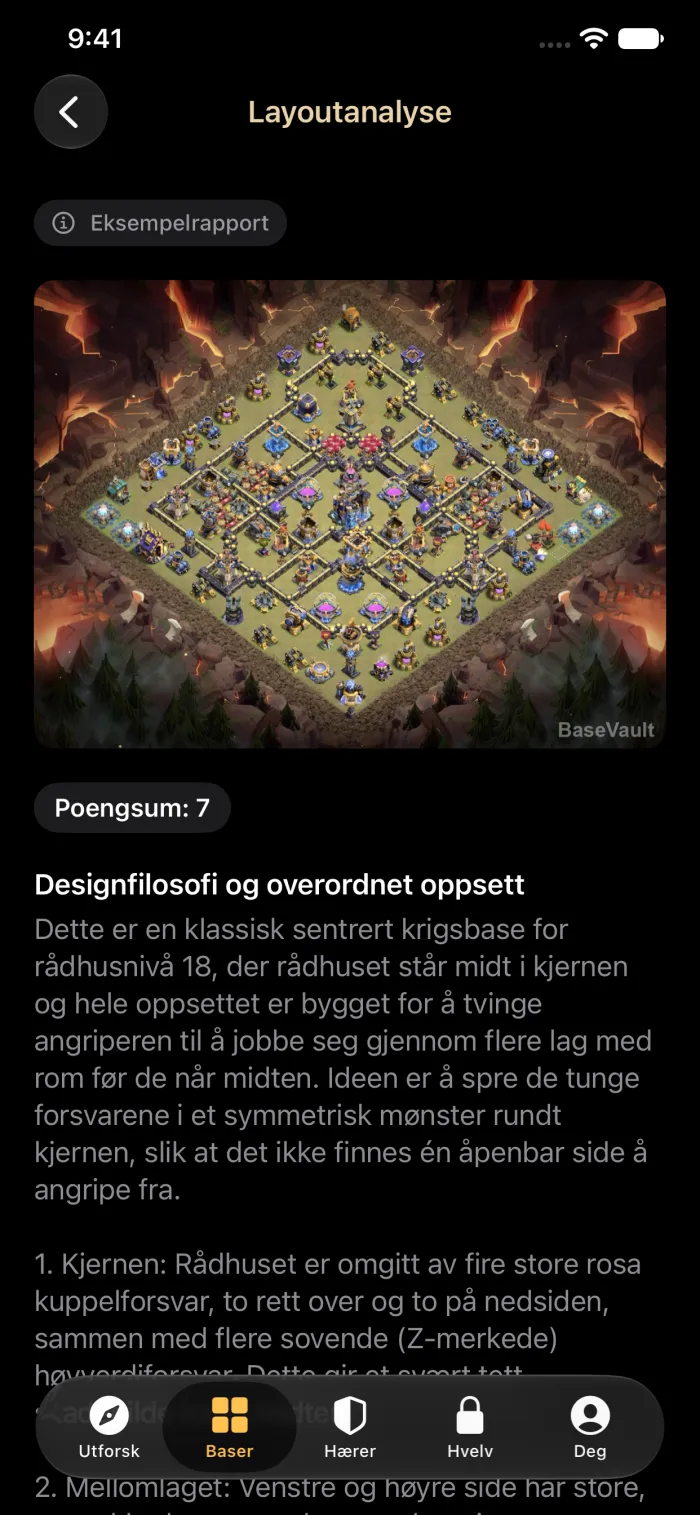 En KI-rapport av typen Layoutanalyse som gir en krigsbase for rådhus 18 poeng og forklarer oppbygningen