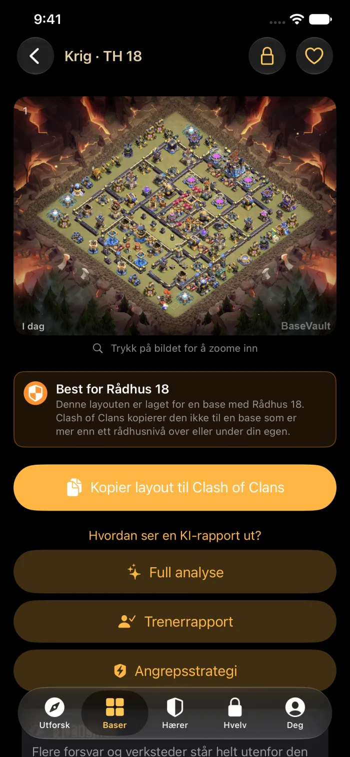Basedetaljer med knappen Kopier layout til Clash of Clans
