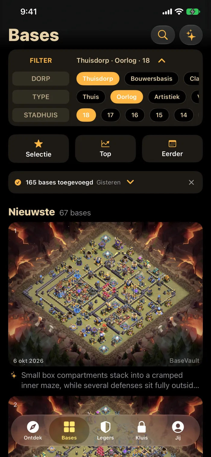 De dagelijkse feed van BaseVault met oorlogsbases voor Stadhuis 18