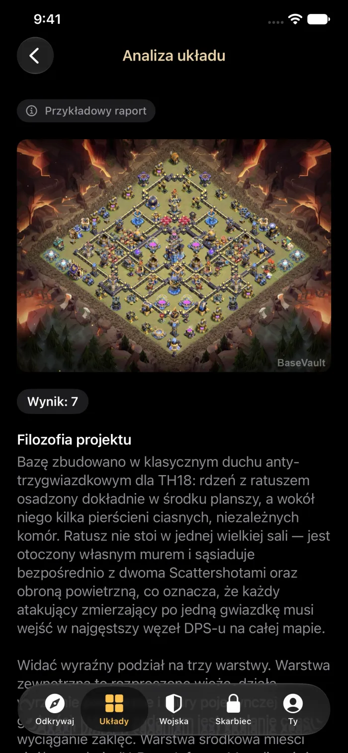 Raport AI Analiza układu, który ocenia bazę wojenną na ratusz 18 i wyjaśnia jej projekt