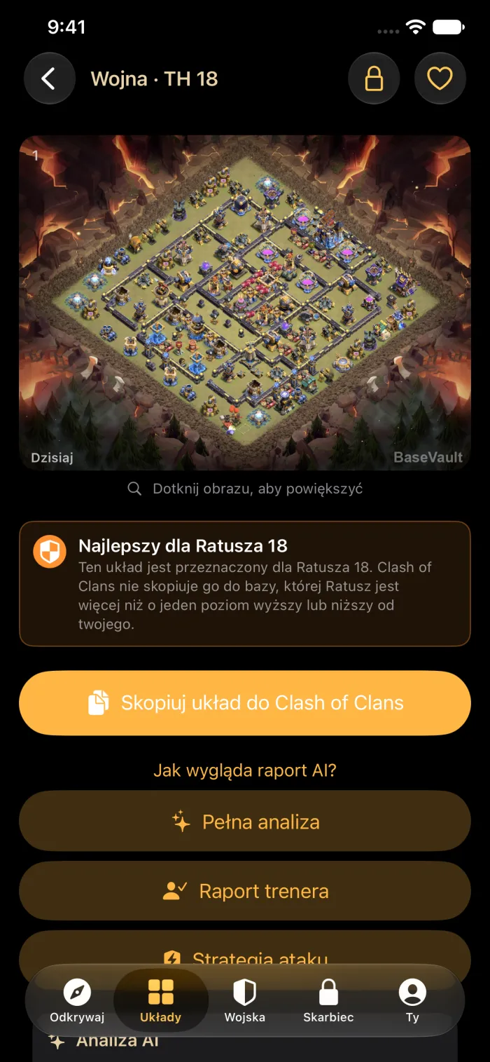 Szczegóły bazy z przyciskiem Skopiuj układ do Clash of Clans