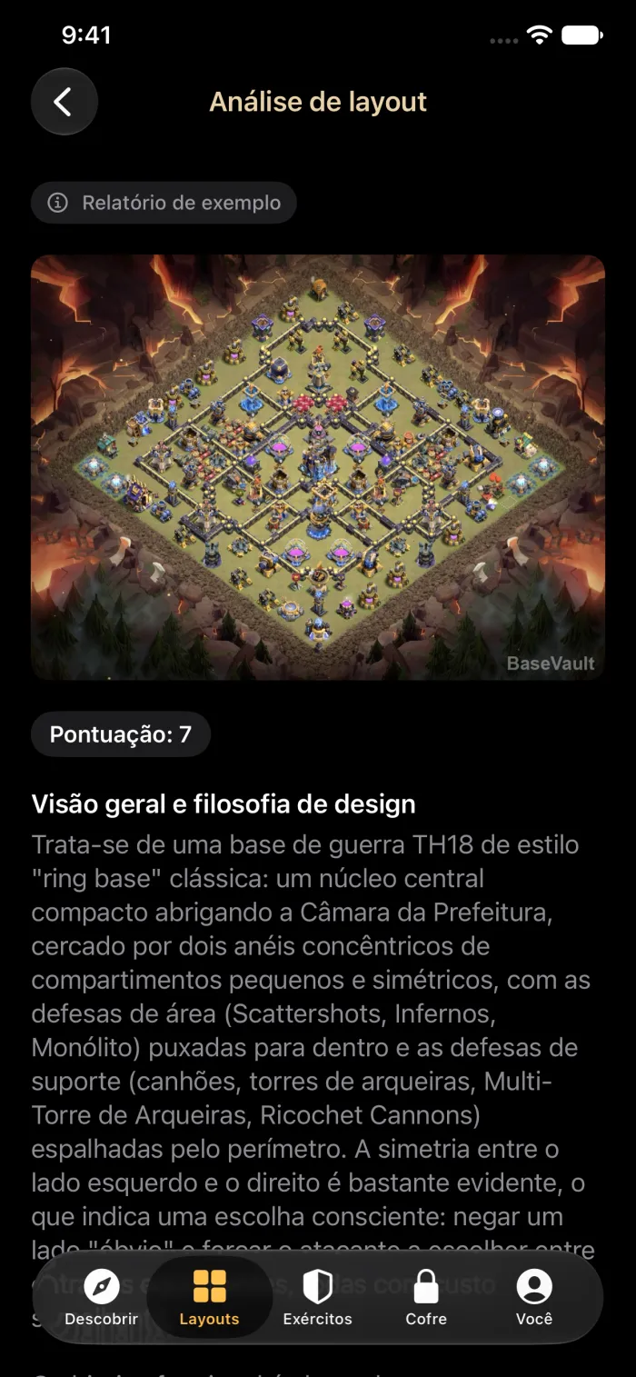 Um relatório de Análise de layout com IA que avalia uma base de guerra de Centro da Vila 18 e explica o seu design