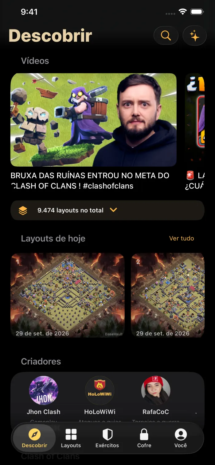 A aba Descobrir: vídeos de estratégia e as bases novas de hoje de Centro da Vila 18