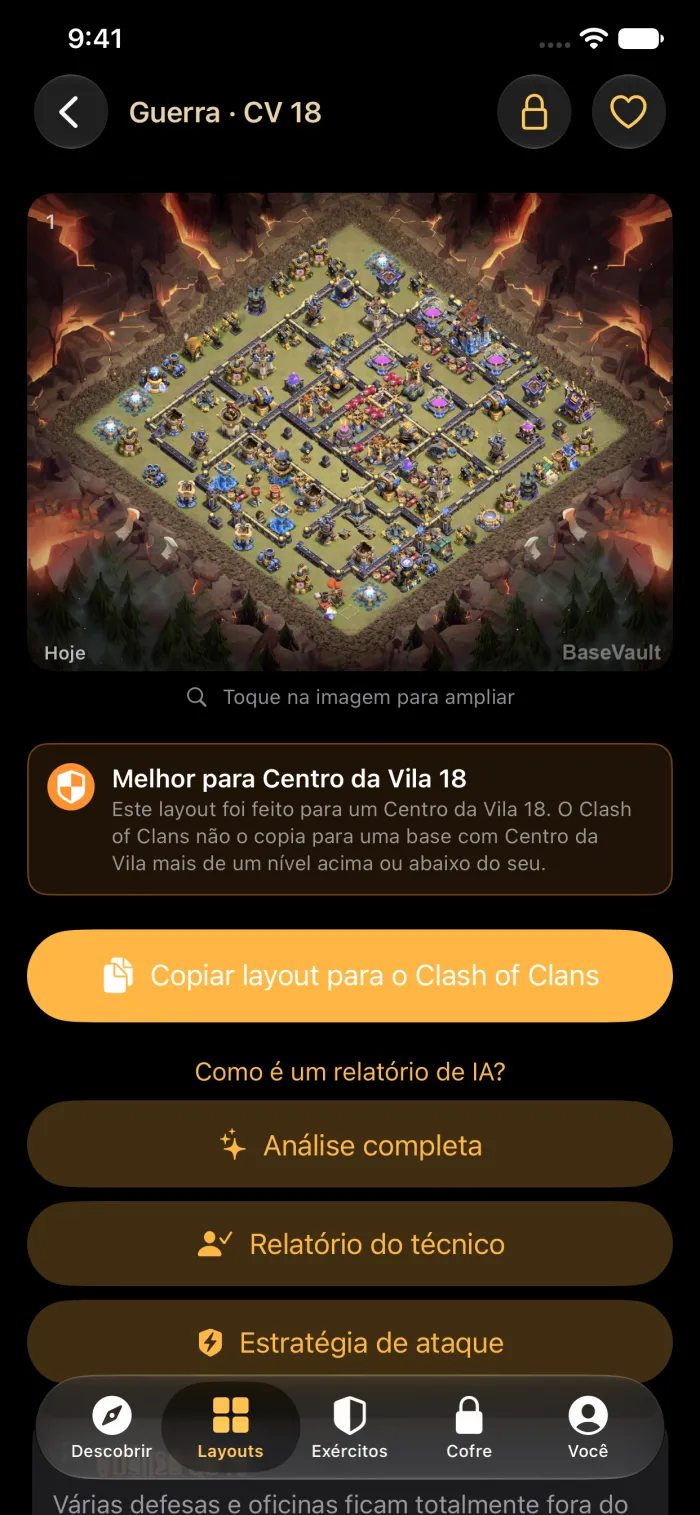O detalhe de uma base com o botão Copiar layout para o Clash of Clans