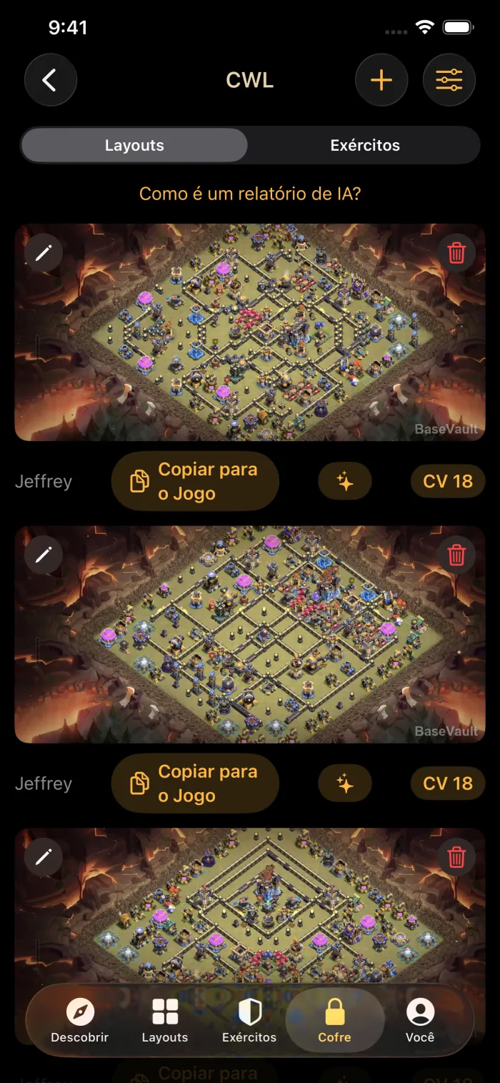 Um Cofre de clã com bases de guerra salvas, cada uma com um botão Copiar para o Jogo