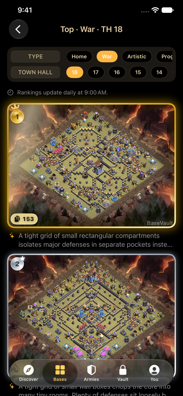 Top: the most-copied Town Hall 18 war bases, ranked with podium badges and copy counts
