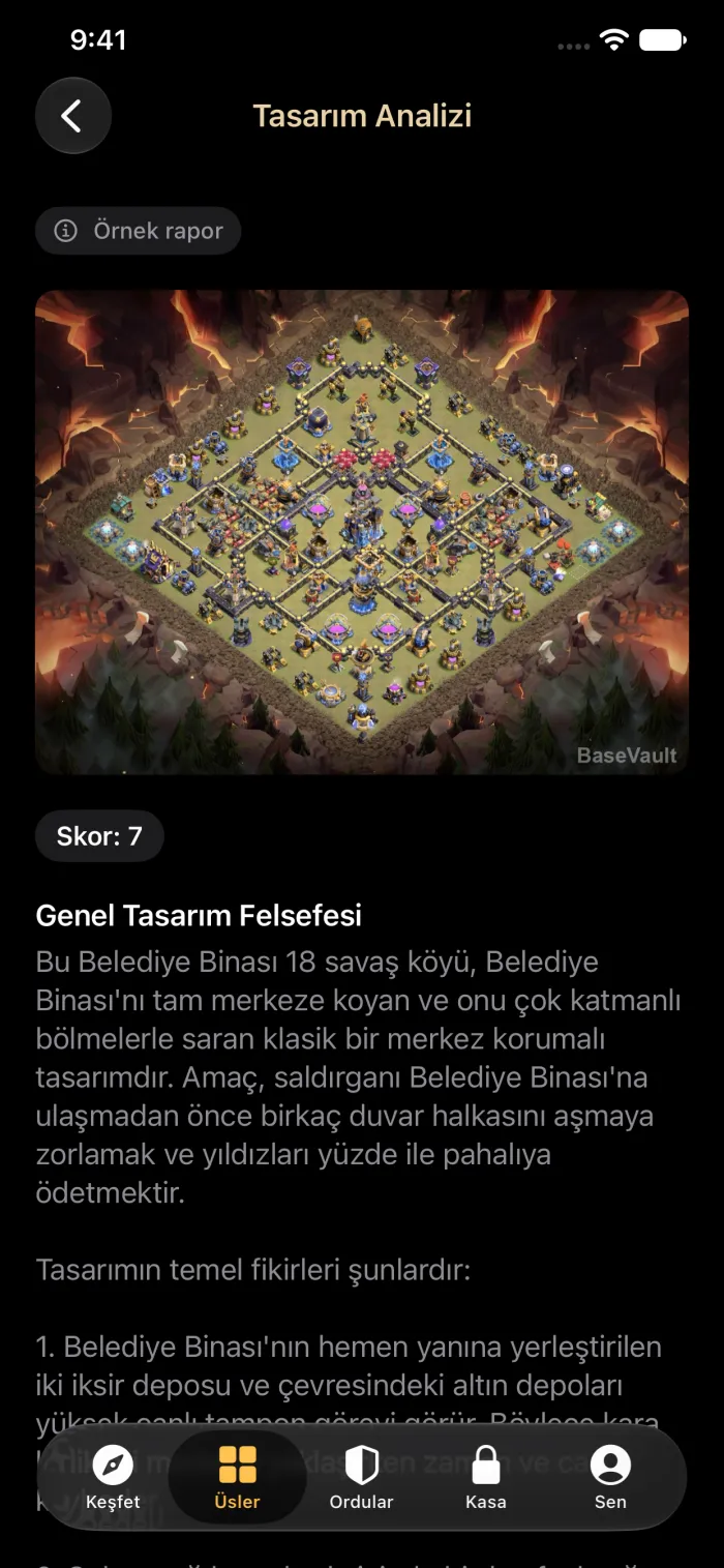 Bir Belediye Binası 18 savaş üssünü puanlayan ve tasarımını açıklayan yapay zekâ Tasarım Analizi raporu