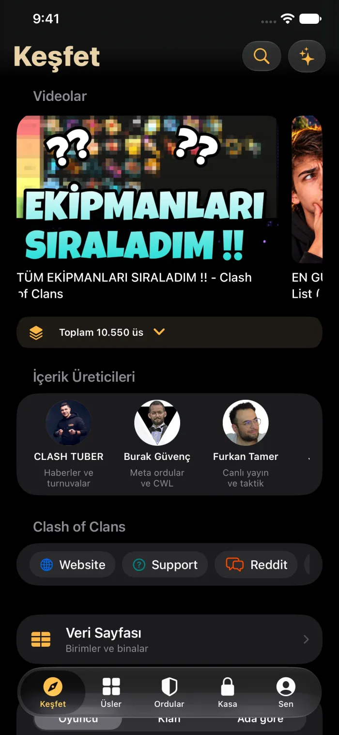 Keşfet sekmesi: strateji videoları ve bugünün yeni Belediye Binası 18 üsleri