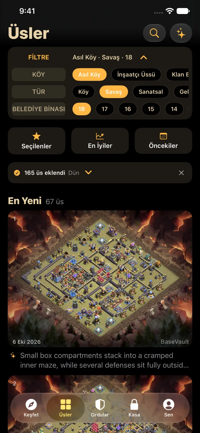 BaseVault'un Belediye Binası 18 savaş üslerinden oluşan günlük akışı