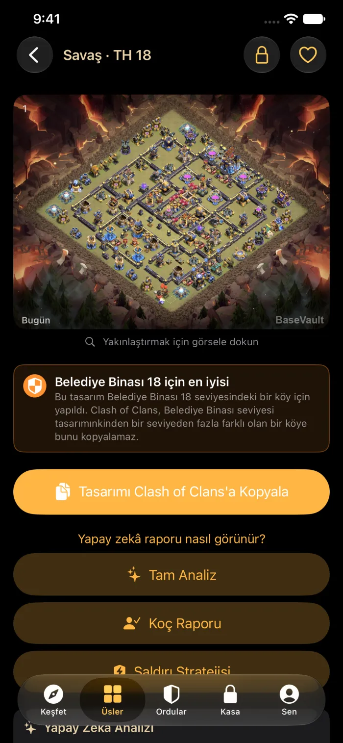 Tasarımı Clash of Clans'a Kopyala düğmesinin yer aldığı bir üs ayrıntısı