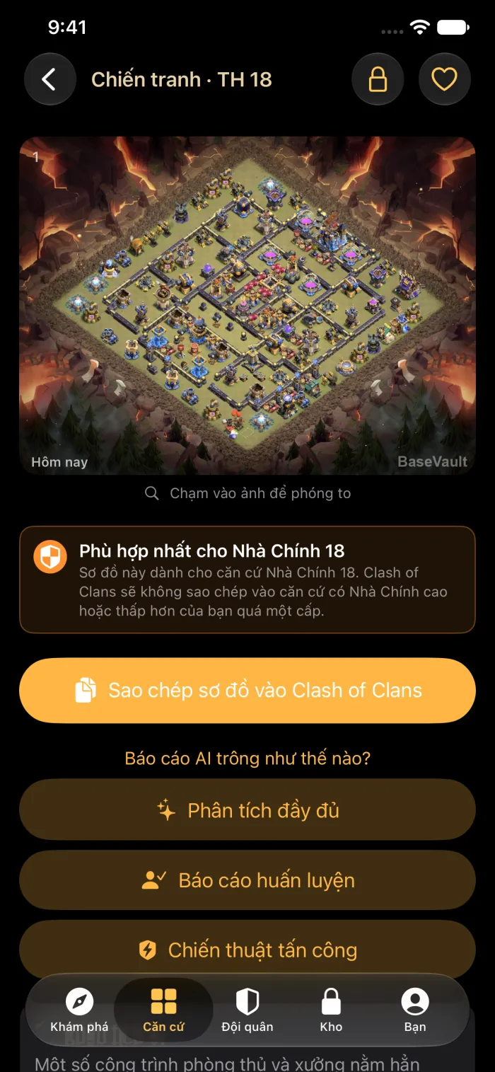 Chi tiết căn cứ với nút Sao chép sơ đồ vào Clash of Clans